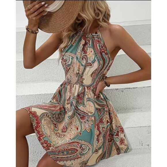 NEW SZ L Beautiful Paisley Print Boho Sleeveless Halter Neck Dress - Picture 1 of 5